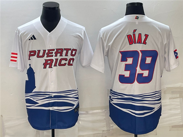 Men's Puerto Rico Baseball #39 Edwin Díaz 2023 White World Baseball Classic Stitched Jersey